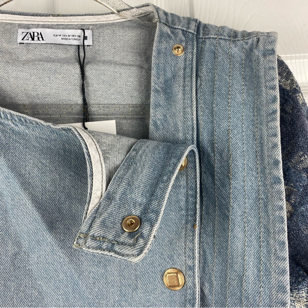 Zara Mixed Media Button Up Mini Dress Denim Jacquard Long Jacket NWT - Picture 4 of 9